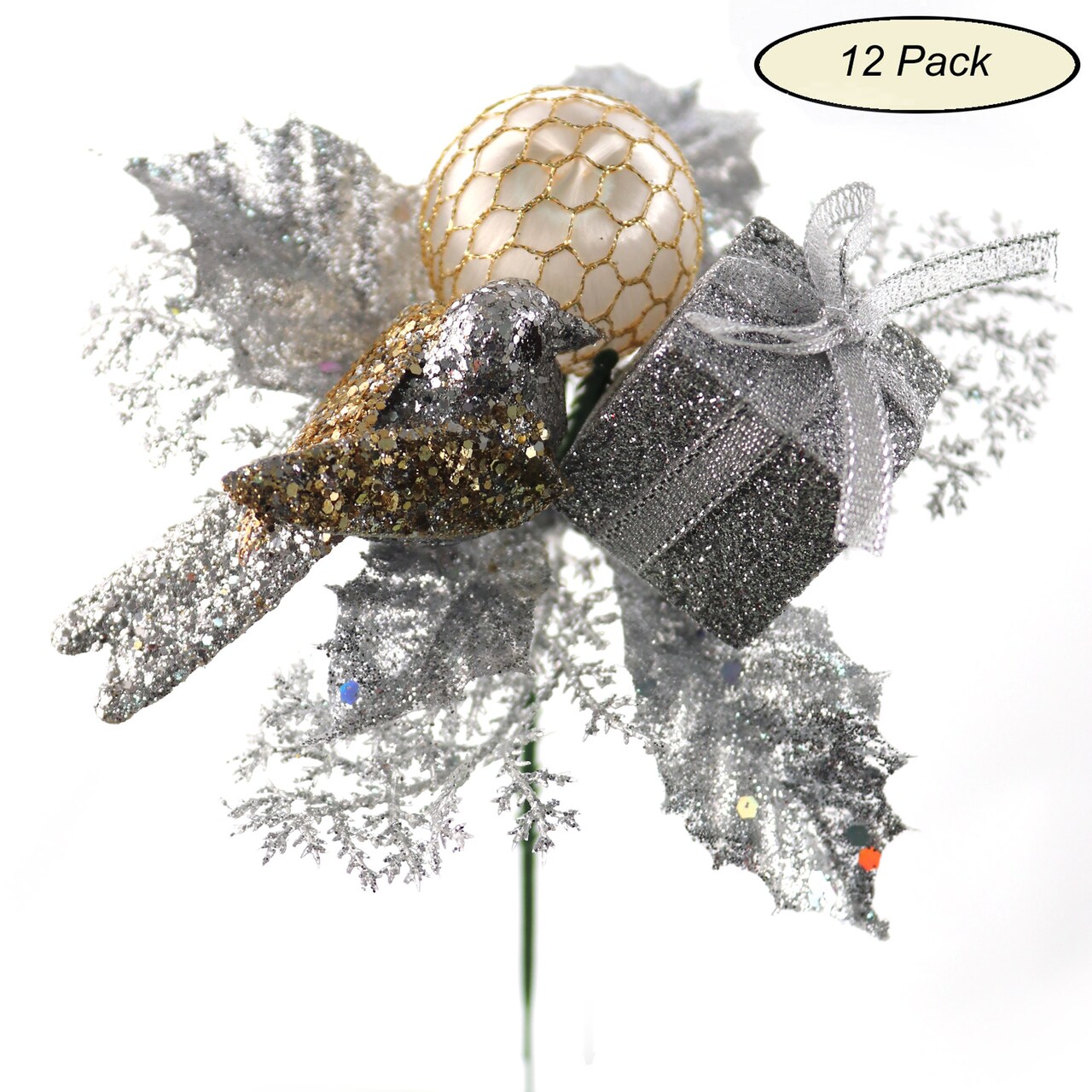 Set of 12: Traditional Silver Glitter Picks with Gift Box, Dove Bird, & Ornament Ball | Festive Holiday Decor | Trees, Wreaths, & Garlands | Christmas Picks | Home & Office Decor - 2024 Christmas Collection, Floral Home by Artificial Flowers